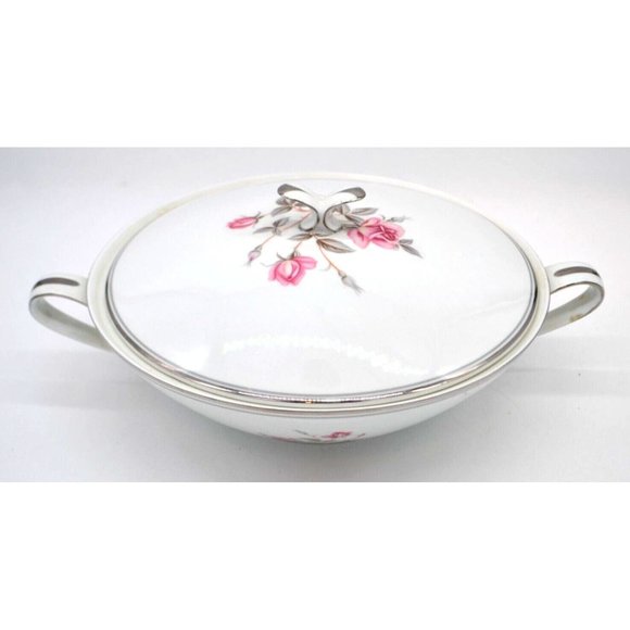 NORITAKE Porcelain China Pink Roses Platinum 9" Covered Vegetable Bowl 5516 - Picture 2 of 5